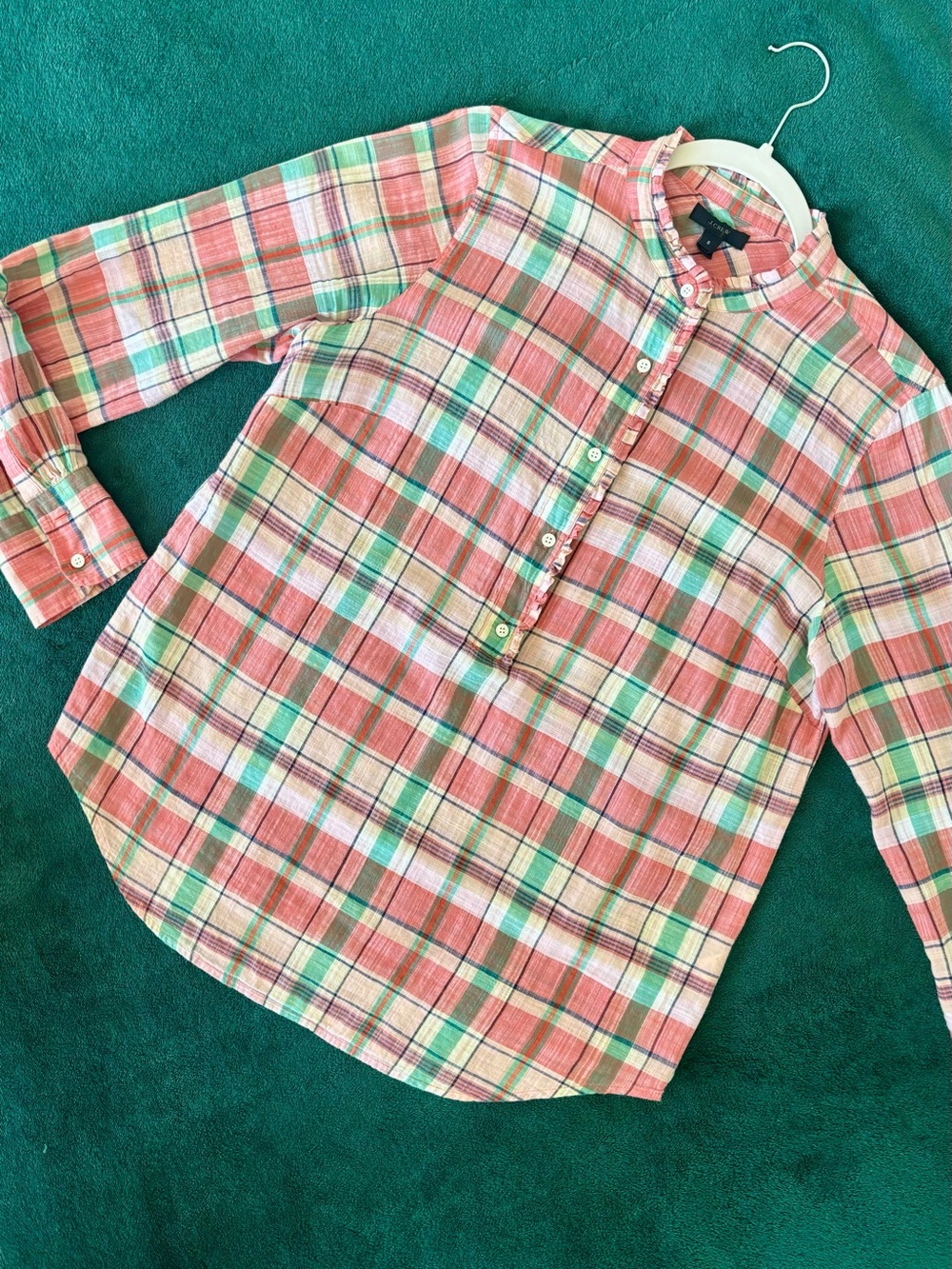 J. Crew Coral and Mint Plaid Button-Front Shirt